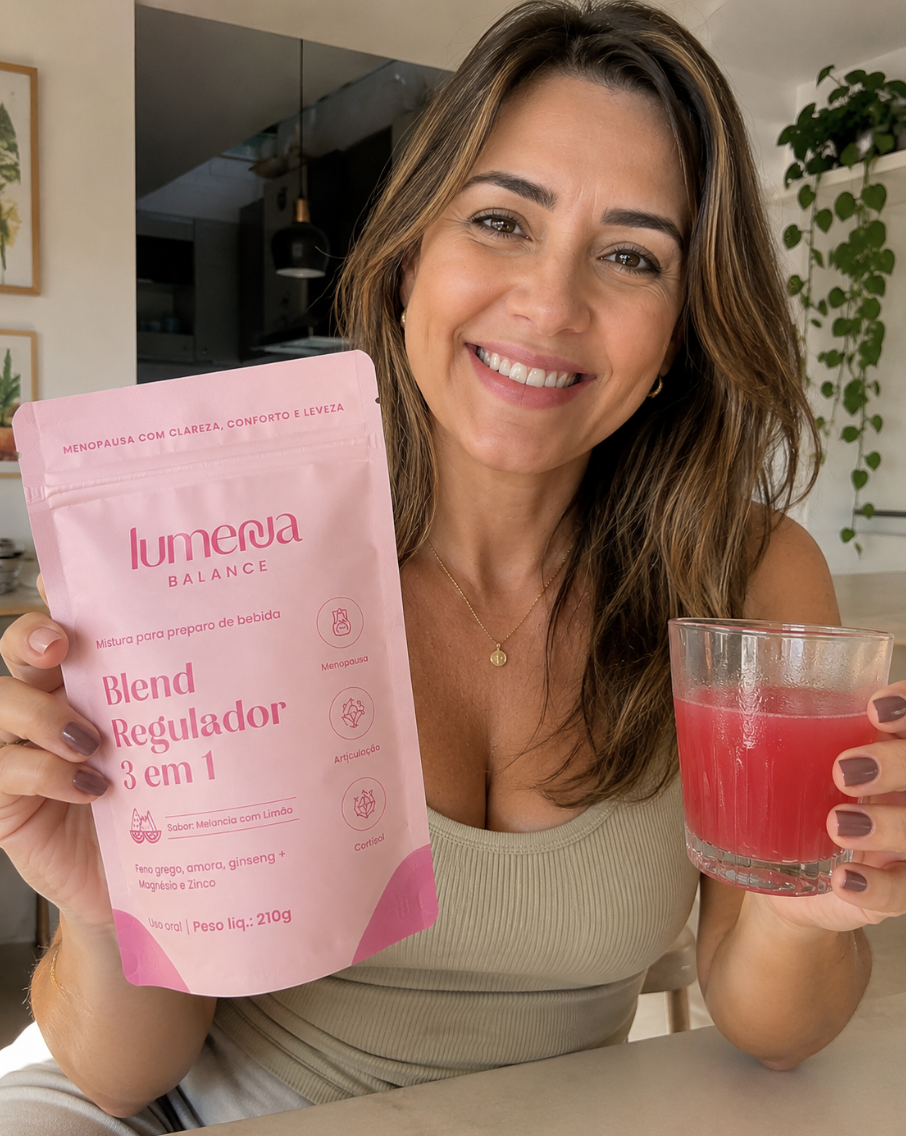 Mulher segurando Lumenna Balance com drink de melancia