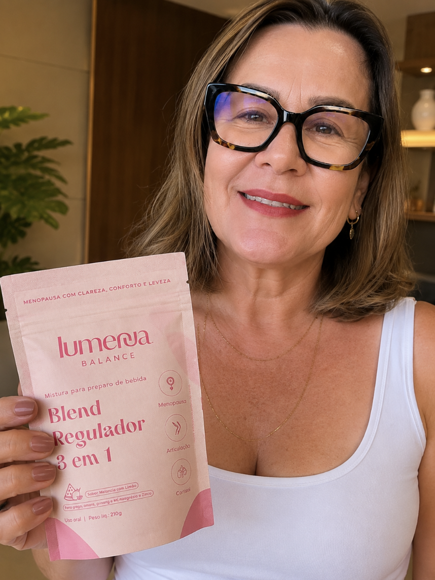 Mulher de óculos apresentando Lumenna Balance