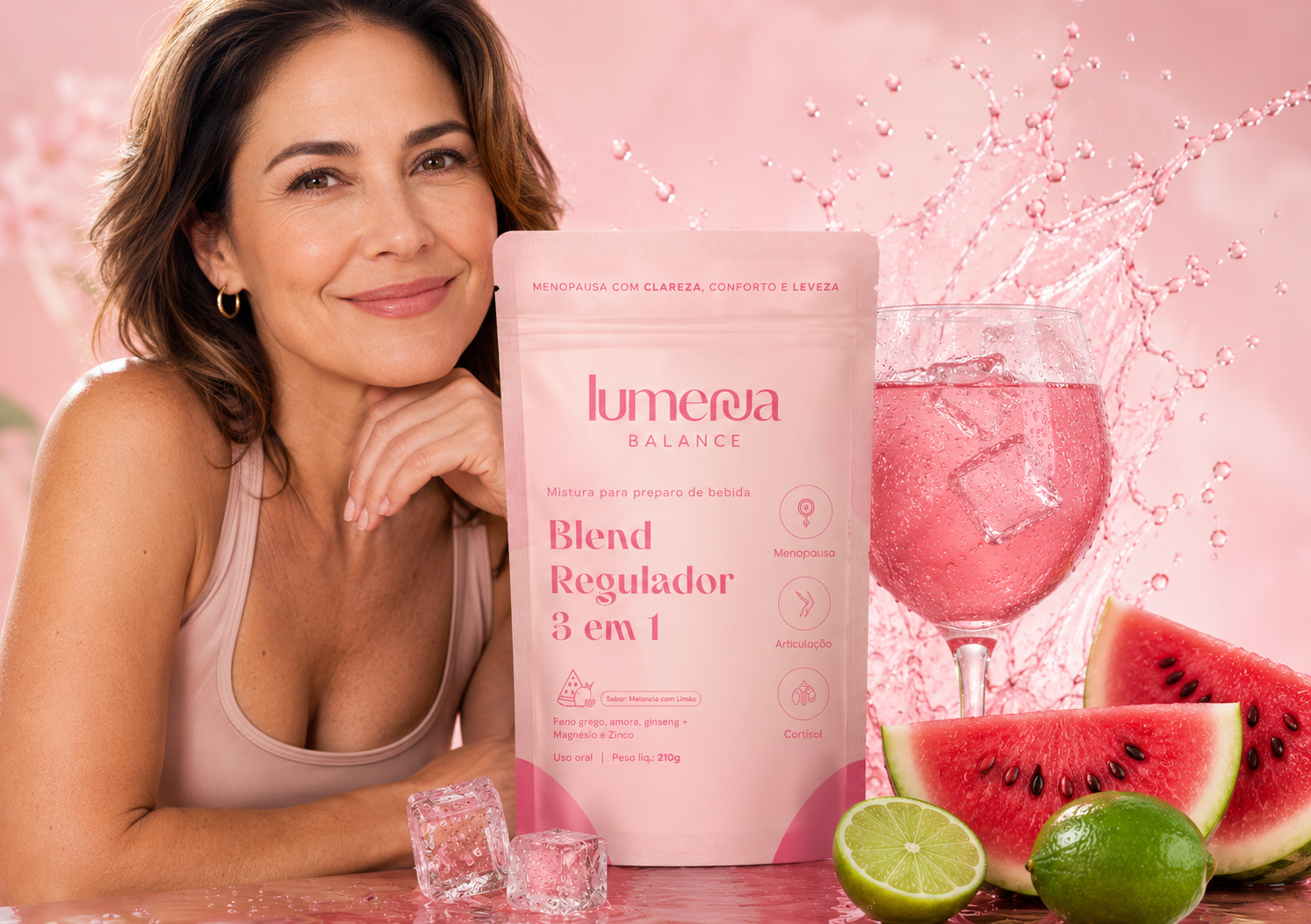 Lumenna Balance - mulher com o sachê, drink rosa, melancia e limão