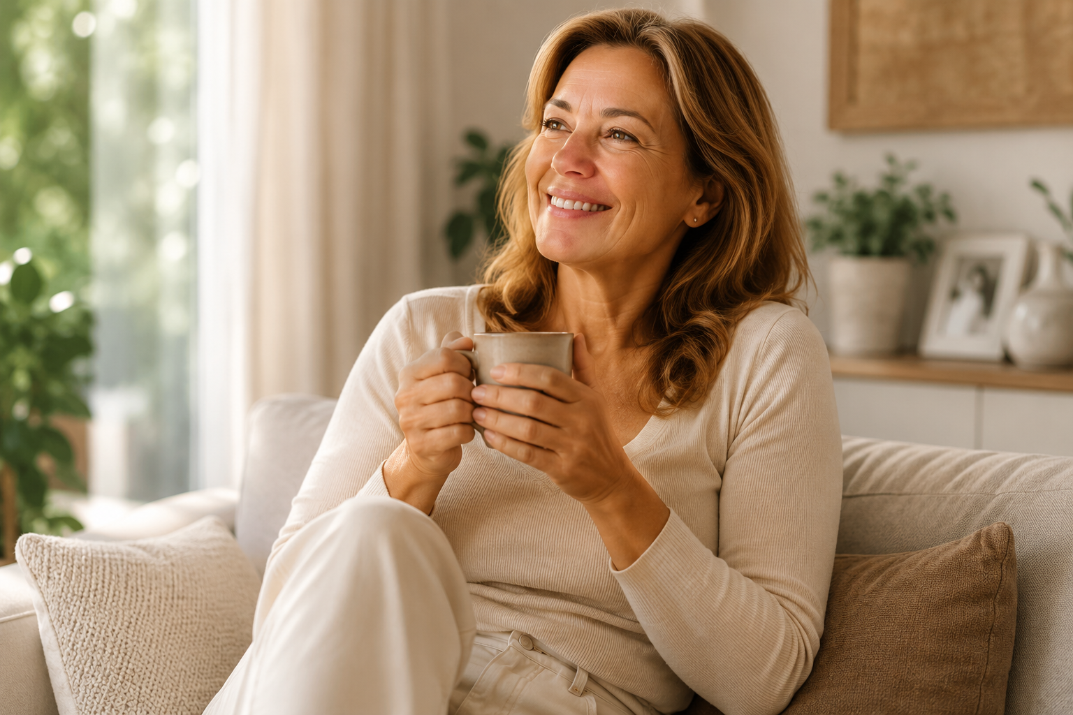Mulher tranquila sorrindo com caneca